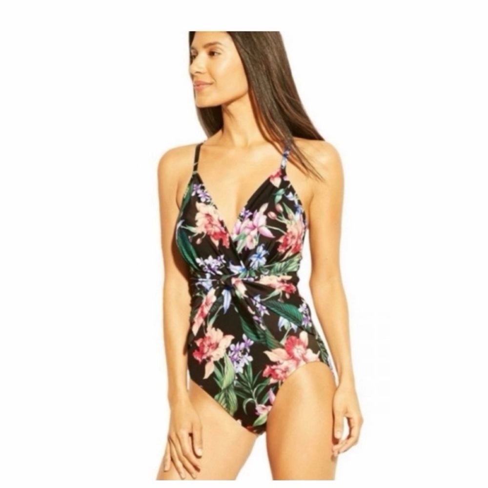 Aqua Green Tie Front One Piece Swimsuit In Floral NWT